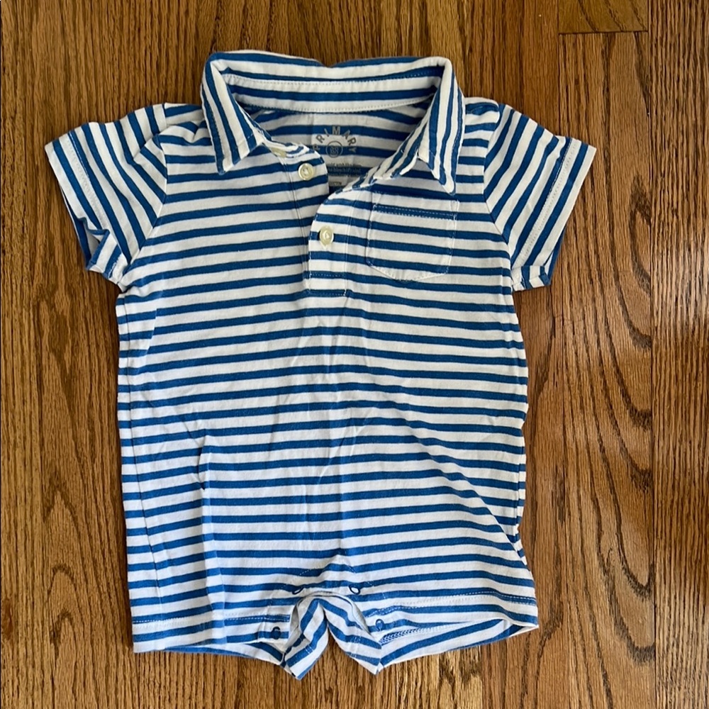 Primary Kids Striped Blue and White Kids Polo Shirt Romper 3-6m